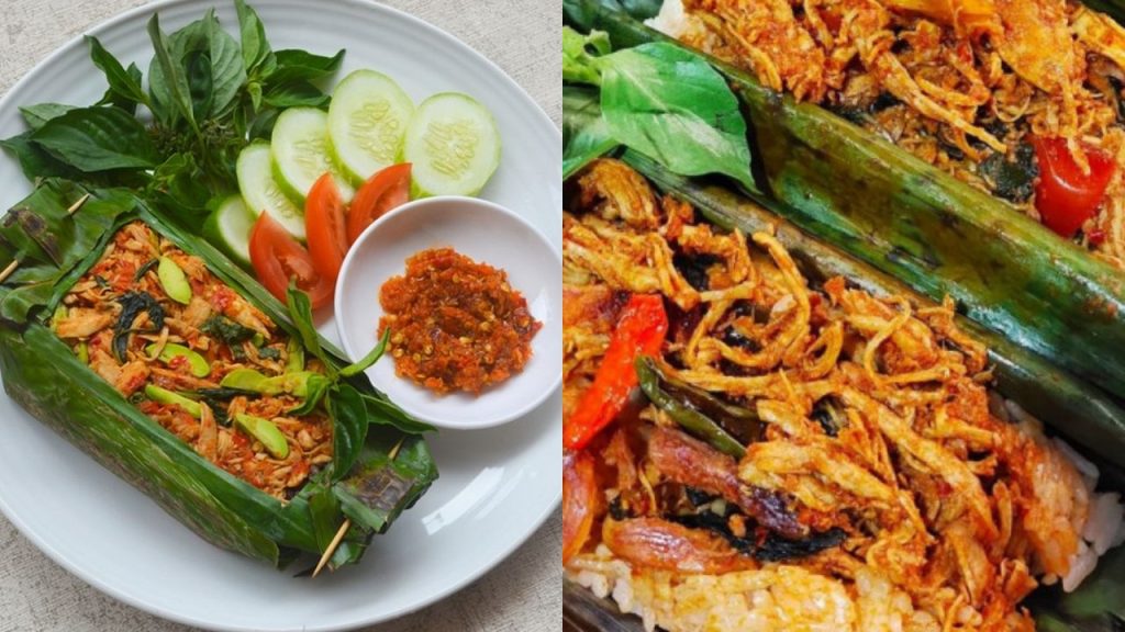 Nasi bakar kuning dengan suwiran ayam bumbu betutu dan potongan telur asin.