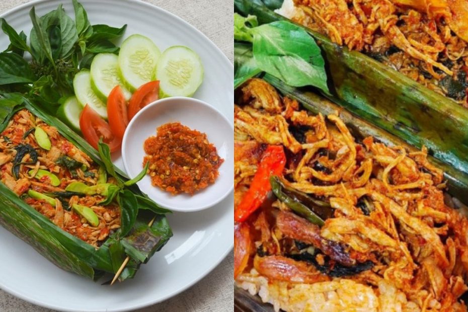 Nasi bakar kuning dengan suwiran ayam bumbu betutu dan potongan telur asin.